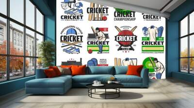 Cricket sport ball, bat and player on stadium vector icons. Cricket sport championship tournament isolated symbols of team uniform, helmet, glove and pad, wicket on green play field, cap, shoes Wall mural