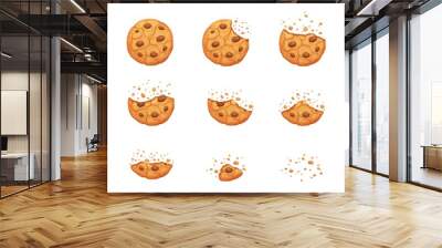 Crumble biscuit cookie animated sprite. Vector crunchy dessert with chocolate pieces whole and bitten disappear animation. Isolated homemade bakery dessert piecess for cartoon game Wall mural