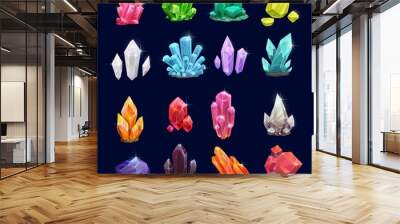 Crystal gems, vector gemstones and jewel icons. Isolated cartoon minerals, crystals and gemstones. Natural opal, emerald and diamond, ruby and topaz, quartz glass, jewelry and geology crystals Wall mural