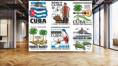 Cuba travel vector icons. Havana historic culture landmarks, Cuban sightseeing, Caribbean sea boat tours and summer beach resorts. Palm and guitar, flag and flower, turtle and birds Wall mural