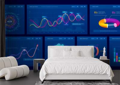 Dashboard data charts, graphs and info diagrams, vector infographics element. Presentation charts for finance report and business graphic charts, statistics bars, percent pies and flowchart diagrams Wall mural