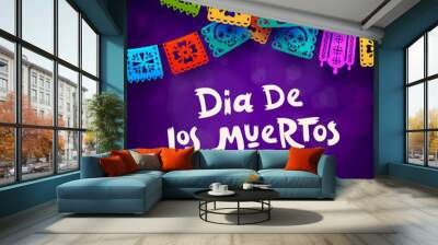 Day of the dead dia de los muertos Mexican holiday banner with paper cut papel picado flags hang gracefully, showcasing colorful patterns. Vector greeting card, honoring deceased loved ones in mexico Wall mural