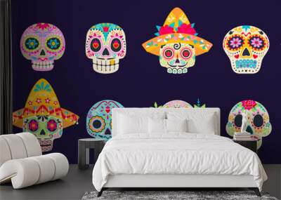 Dia de los muertos holiday mexican calavera sugar skulls. Day of dead festival skulls. Cartoon vector set of traditional calaca heads for Death celebration. Male or female craniums with floral pattern Wall mural