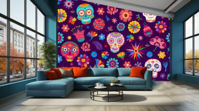 Dia de los muertos mexican seamless pattern with sugar calavera skulls and tropical flowers. Vector repeated ornament in traditional alebrije style with decorated dead calaca heads and floral elements Wall mural