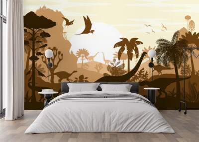 Dinosaur silhouettes, vector shadow scene of jurassic prehistoric landscape. Dino animals and ancient flora with palm trees and ferns under a large sunset sun, monochromatic background in brown colors Wall mural