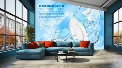 Dishwasher sea breeze detergent tablets. Plate and wineglass in water splash and drops. Vector ad poster with clean dishes, glass and spoon with blue detergent tabs and realistic water flow Wall mural