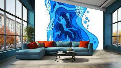 Diver in underwater paper cut of sea landscape, turtle and seaweeds silhouette, vector ocean bottom. Undersea diving in papercut, scuba diver with aqualung in underwater deep with turtle and jellyfish Wall mural