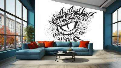 Dragon eye tattoo, dinosaur, snake or crocodile beast head, isolated vector. Dragon reptile or lizard monster and alligator eye with claws and scales on head, black white tribal art for tattoo design Wall mural