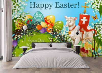 Easter Day cartoon greeting poster. Patterned Easter eggs, egg hunt basket with chickens, lily flowers, lamb of God, cross, floral Easter wreath of willow twigs with wishing of Happy Spring Holidays Wall mural