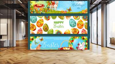 Easter egg and rabbit cartoon banner set. Patterned eggs and bunny on green grass with chicken, egg hunt basket, Easter wreath with lily and tulip flowers, lamb with cross and flying butterflies Wall mural