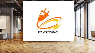 Electric energy icon of power industry. Vector lightning bolt with electric plug and cable swirl isolated symbol of electricity technology. Orange electrical supplies and thunderbolt, power energy Wall mural