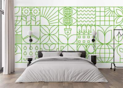 Environment modern geometric pattern. Vector linear grid background with environmental and nature-inspired symbols. Flowers, globe, solar energy and leaves in a vibrant green outline on white backdrop Wall mural