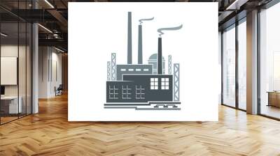 Factory icon, industrial plant monochrome symbol or sign. Refinery industrial building, manufacturing, heavy industry monochrome vector symbol or minimal icon with factory or plant pipeline, chimney Wall mural