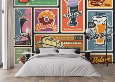 Fast food burgers, hot dogs, desserts retro menu Wall mural