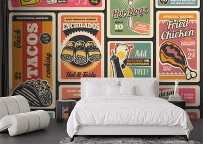 Fast food snacks, street food retro posters Wall mural