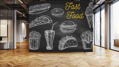 Fast food snacks and drinks chalk sketch icons Wall mural