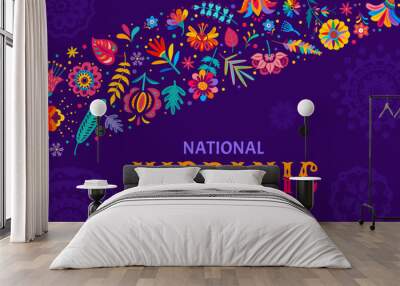 Festival banner of national Hispanic heritage month with tropical flowers and plants, vector background. Hispanic Americans culture, tradition and art heritage in ethnic floral ornament with flowers Wall mural