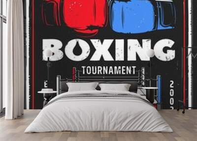 Fighting club event retro poster. Boxing tournament, martial arts fighters competition vintage promotion flyer or invitation leaflet design template. Boxing ring and fighters gloves vector Wall mural