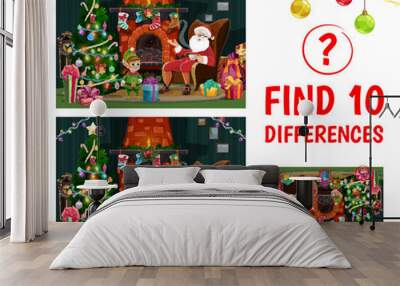 Find ten differences. Christmas interior with santa in chair near fireplace. Vector kids game worksheet with cartoon Father Noel and Gnome characters. Educational children riddle, leisure activity Wall mural