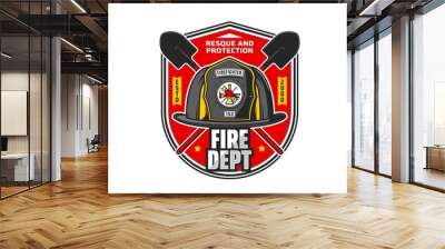 Firefighting department icon. Fire dept, firefighting brigade vector vintage badge or retro symbol with crossed shovels, firefighter helmet with axe, ladder and pike pole on emblem Wall mural