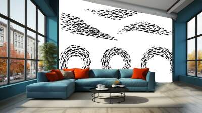 Fish shoal silhouettes, ocean or sea marine fishes school, vector background. Tuna, salmon or herring fish shoals swimming in water by groups in circle or wave, many small fishes school in silhouettes Wall mural