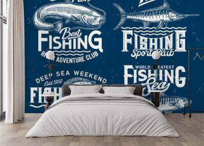 Fishing club icons, sport t-shirt print templates, fishes and sea water waves, vector blue mockups. Ocean snorkeling and fishing signs with marlin, flounder, mackerel and catfish for t shirt print Wall mural