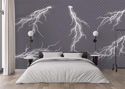 Flash strike lightning effect, thunderstorm electric spark of thunder bolt, realistic vector. Lightning electric charge of thunder light energy or thunderbolt flash sparks on transparent background Wall mural