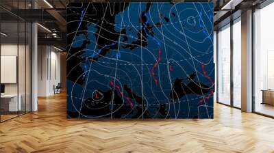 Forecast weather isobar night map of Europe, wind fronts and temperature vector diagram. Meteorology climate and weather forecast isobar of Europe, cold and warm cyclone or atmospheric pressure chart Wall mural