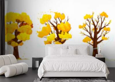 Four season isolated trees showcase nature beauty. Cartoon vector tree blooming in spring, lush in summer, colorful in autumn, and bare in winter. Changing plant life, landscape timeline Wall mural