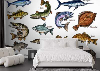 Fresh fish and seafood isolated sketches Wall mural