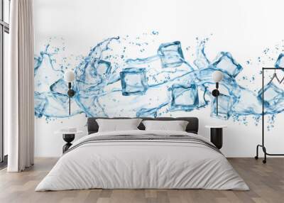 Frozen ice cubes and water wave splash. Isolated 3d vector crystals in transparent liquid splashing flow with scatter drops. Freeze melting ice blocks and droplets, icy pieces in dynamic motion Wall mural