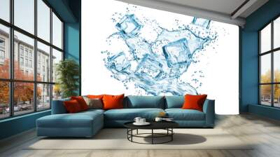 Frozen ice cubes in water splashes. Icecubes in cool liquid, fresh soda beverage, water or refreshing cocktail realistic vector splash ripples. Cold aqua twirl with ice cube 3d backdrop or background Wall mural