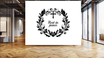 Funeral card, obituary flower wreath RIP, vector black floral ribbon. Funeral death and grief memory frame with cross and floral wreath for mortuary memorial, condolences message and farewell banner Wall mural