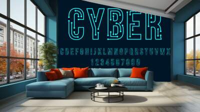 Futuristic cyber tech font, modern type, neon typeface and alphabet. Digital latin alphabet numeral and special symbols, ABC vector letters and digits or computer motherboard traces font typeset Wall mural