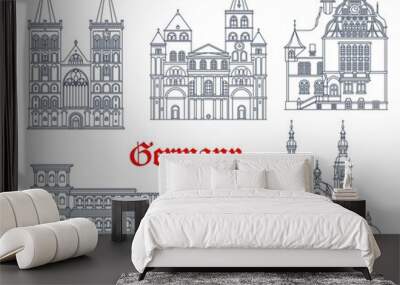 Germany landmarks architecture vector icons in German cities, Rhine Westphalia. Germany landmark buildings of St Peter cathedral, Limburg rathaus, Sankt Viktor dom in Xanten and Porta Nigra gates Wall mural