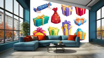 Gift box icon of present packaging with ribbon bow Wall mural