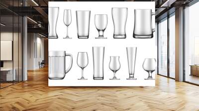 Glass goblet, mug and jar realistic vector mockup set. Wineglass and flute, beer weizen, pilsner and tankard, belgian, snifter glass for cognac. Bar, restaurant glassware for alcohol drink Wall mural