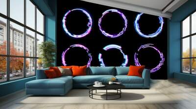 Glitch circle vector frames with neon light borders and digital pixel noise effects on dark TV screen background. Technology theme, futuristic geometric shapes design of music poster or graphic banner Wall mural