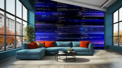 Glitching computer screen, glitch programming code. Virtual environment, programm function failure and data loss, critical code mistake, hacker attack or hardware malfunction concept vector background Wall mural