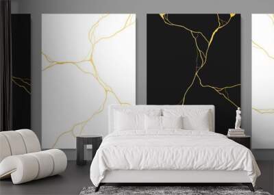 Golden Kintsugi cracks on marble texture pattern, vector background for tile. Broken marble effect with gold foil lines of crackle on stone, Kintsugi or Kintsukuroi ceramic art with golden cracks Wall mural