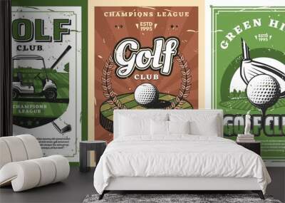 Golf clubs, balls and cart on cource green field Wall mural