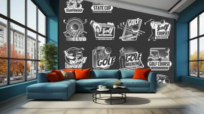 golf icons, sport club championship cup of league team, vector emblems. golf club and school tournam Wall mural