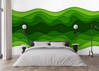 Green paper cut waves background of ecology environment, vector abstract papercut blank banner. Green nature paper cut pattern with cutout layers, eco environment and ecology conservation concept Wall mural