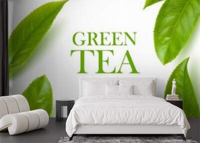 Green tea leaves herbal background. Vector frame of organic beverage advertising with 3d green tea leaves. Border or poster with realistic leaves, template for natural healthy aroma drink Wall mural