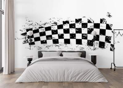 Grunge race flag, tire track with checker marks pattern on vector background. Car racing grunge flag, karting, rally motorsport and motocross start or finish banner, drag races championship flag Wall mural