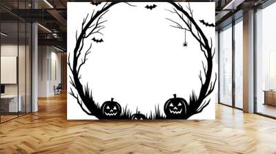 Halloween black frame with pumpkins, bats and spider on cobweb in forest tree border, vector silhouette. Halloween holiday greeting card frame with scary spooky lantern pumpkins and haunted forest Wall mural