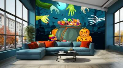 Halloween monster character hands and sweets bucket. Vector menacing scene with clawed arms, eagerly reaches towards a bag with desserts, ready to snatch treats with an air of mischievous delight Wall mural