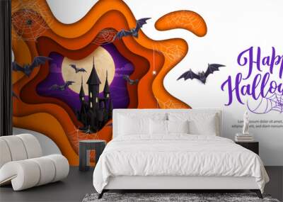 Halloween paper cut midnight castle, cobweb and flying bats, vector horror holiday background. Halloween party poster with haunted castle and night moon, spiderweb and bats in paper cut art Wall mural