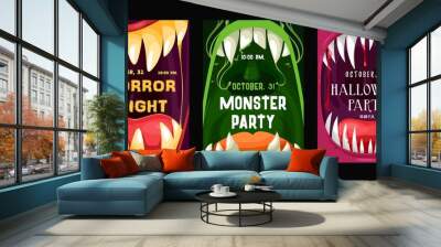 Halloween party vector flyers with monster mouths. Cartoon invitation posters with open toothy jaws with sharp teeth, dripping saliva and tongues. Happy Halloween horror night event invite cards set Wall mural