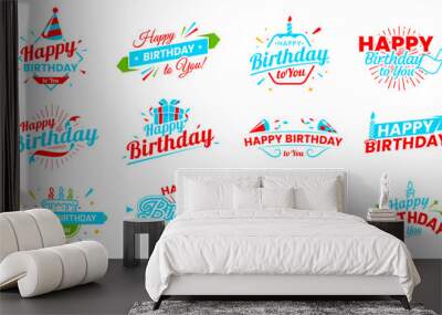 Happy birthday icons. Anniversary event festive calligraphy background, birth day party congratulation handwritten sign or happy birthday greeting text vector banner with cake candles, fireworks Wall mural